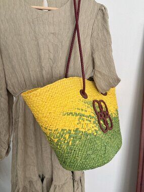 Woven Yellow & Green Straw Tote Bag with Burgundy Handles